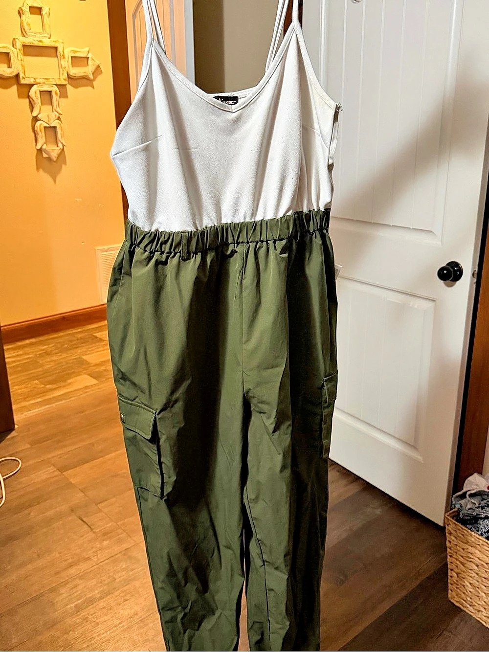 Almost Famous Two-Tone Cargo Jumpsuit in Green & White